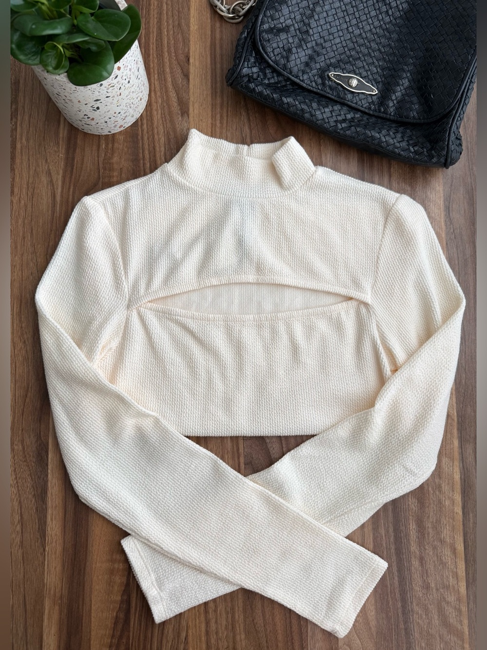 Sanctuary Cream Knit Mock Neck Long Sleeve Cutout Top